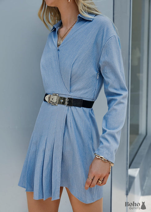 Pleated Blue Bohemian Mini Dress